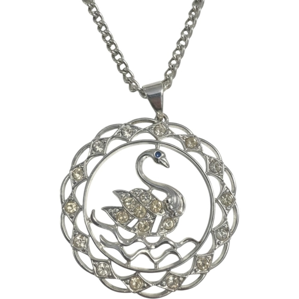 Vintage Sarah Coventry Silver Tone Rhinestone Swan Pendant Necklace Large 2.5"